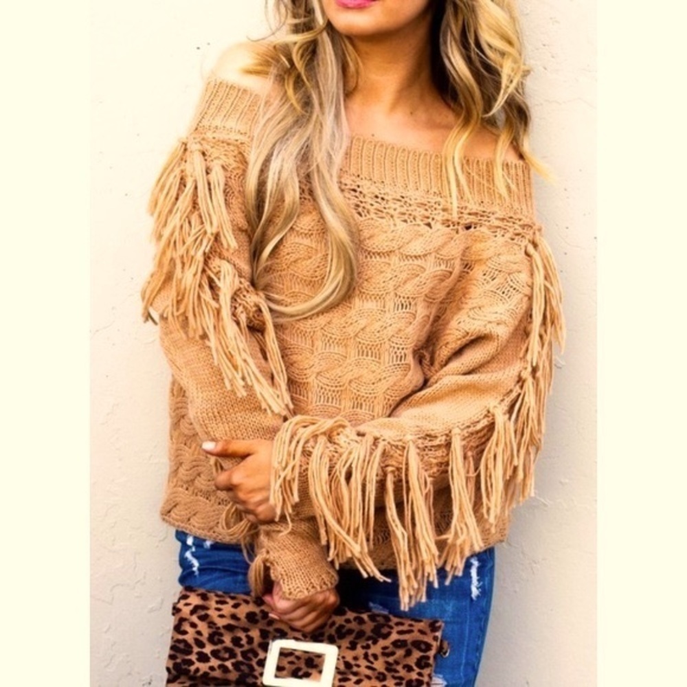 Western Tassel Sleeve Off Shoulder Pullover Sweater NWT - Picture 1 of 7